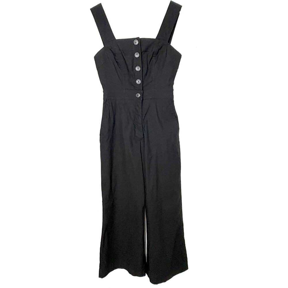 Anthropologie Maeve Portside Button-Front Jumpsuit Stretch Linen Blend Black 4P